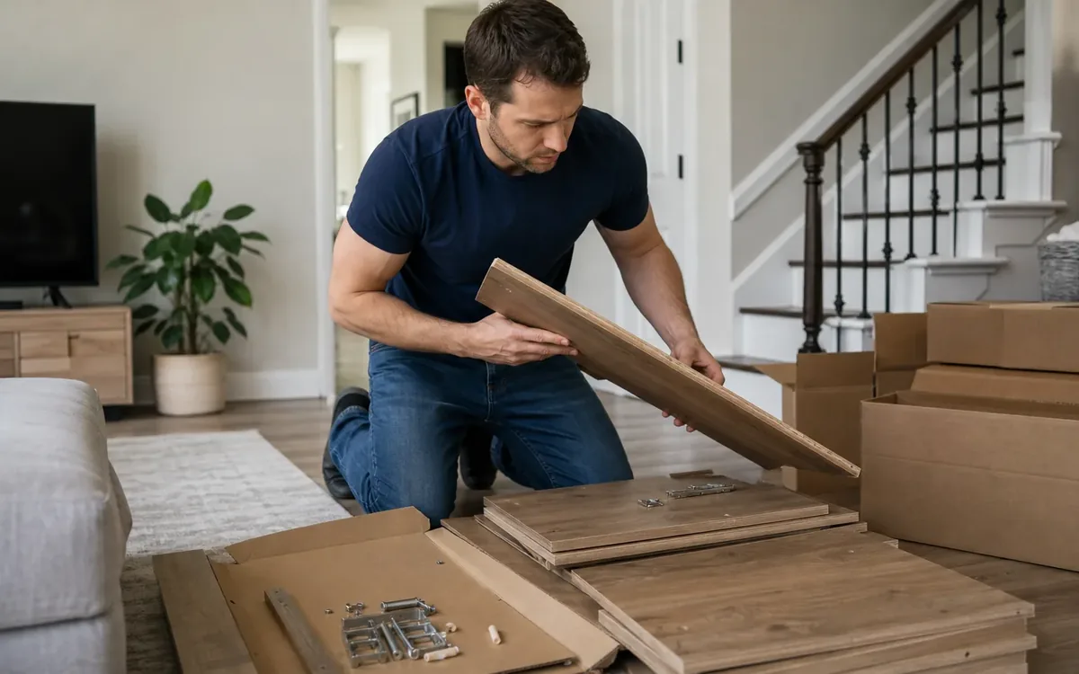 A man kneels beside moving boxes, examining a wooden flat-pack furniture panel with stacked boards and hardware nearby.