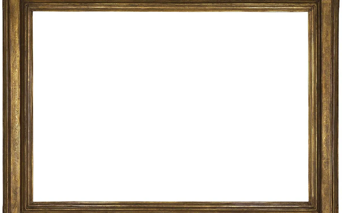 A rectangular gold-colored picture frame with decorative edges surrounds an empty light opening