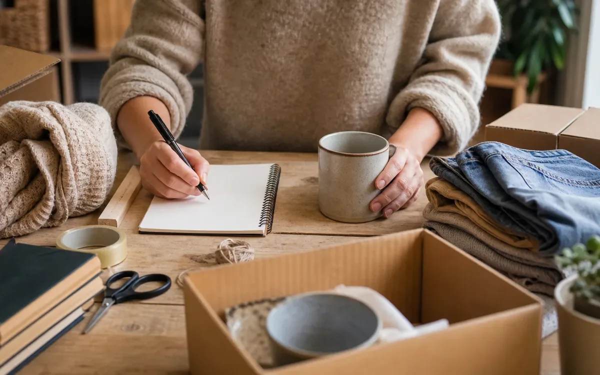 Hands organizing household items while planning 1. build a written packing scope
