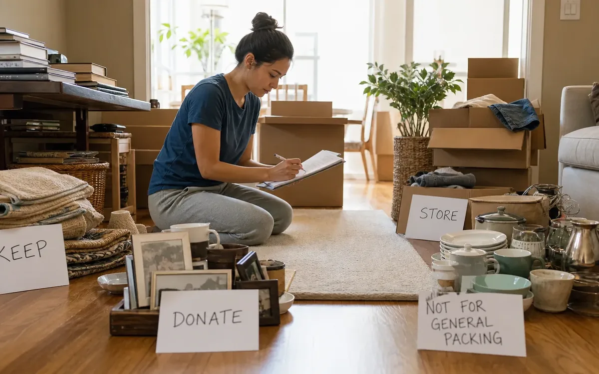 Labeled household belongings and a clear room path for 3. identify items that should not enter the general packing stream