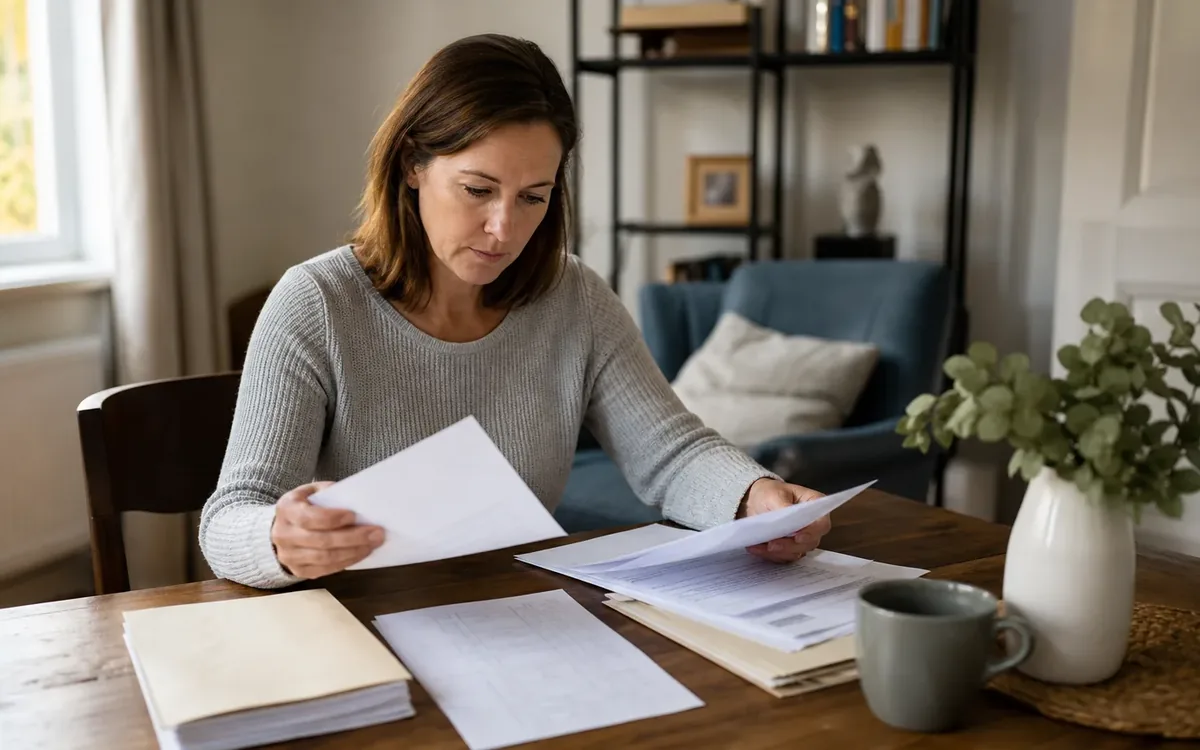 A woman compares two sheets of paper at a wooden table with stacked documents, a faint parcel-style diagram, and a mug.