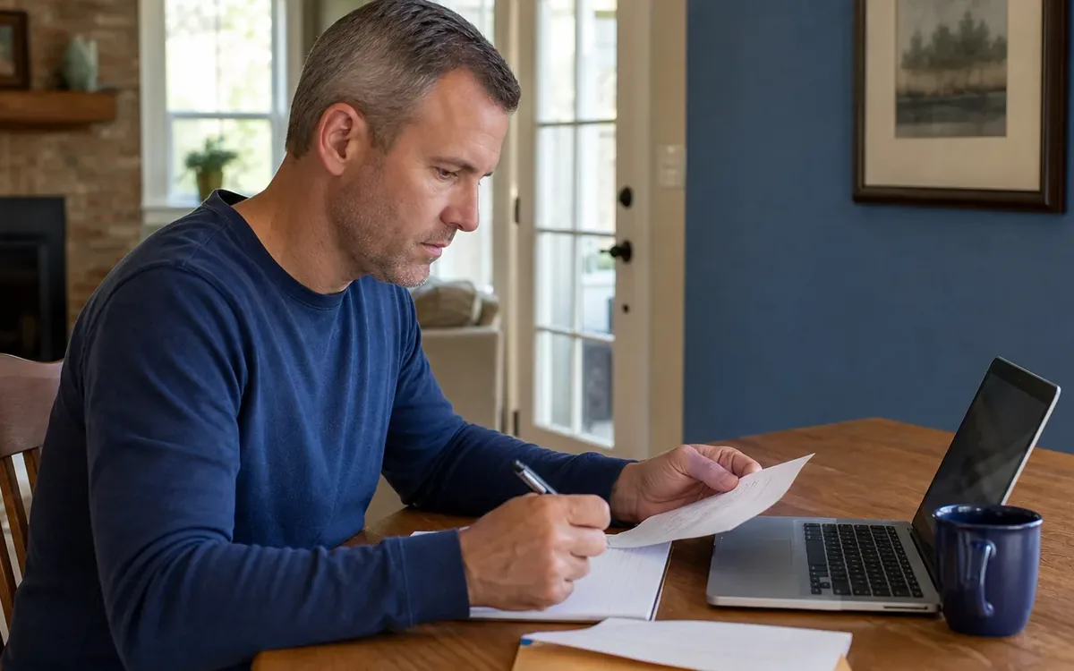 A man reviews a sheet of paper with a pen in hand beside an open laptop and blue mug at a wooden table.