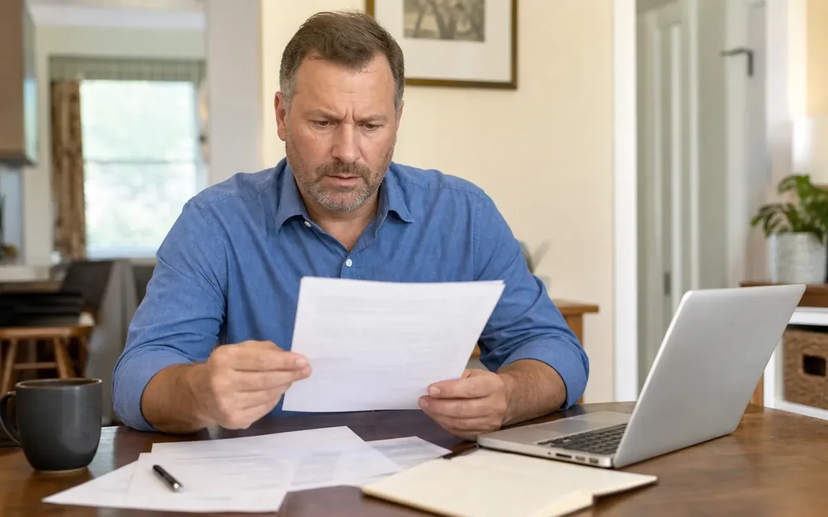 A concerned man in a blue shirt reads a document at a wooden table with scattered papers, a pen, a mug, and an open laptop.
