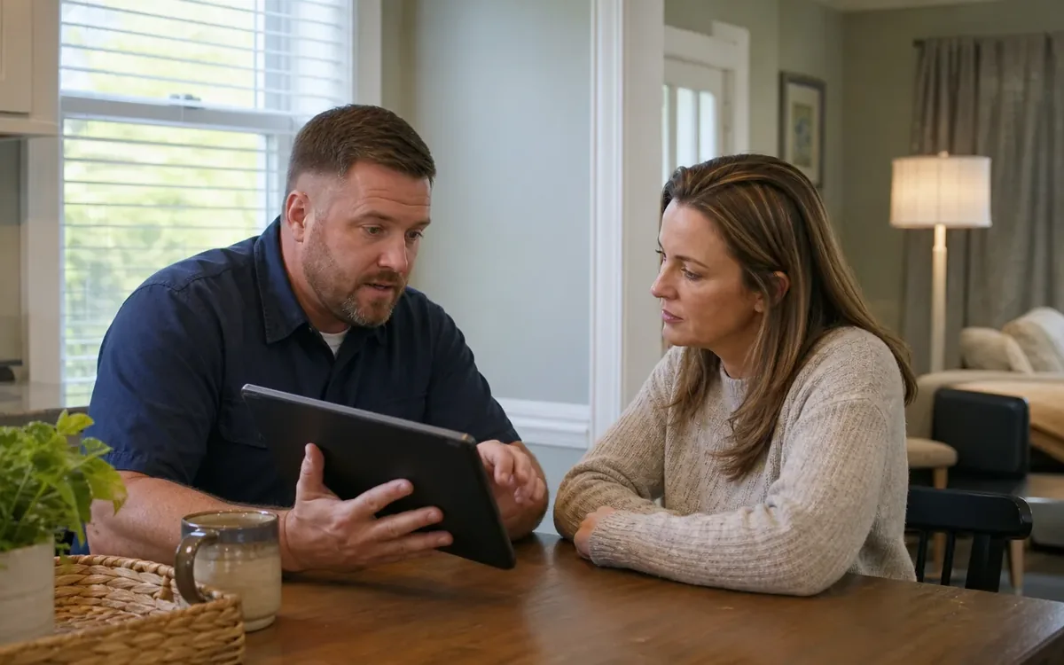 A man holds a tablet while a woman leans on a wooden kitchen table and looks at it beside him.