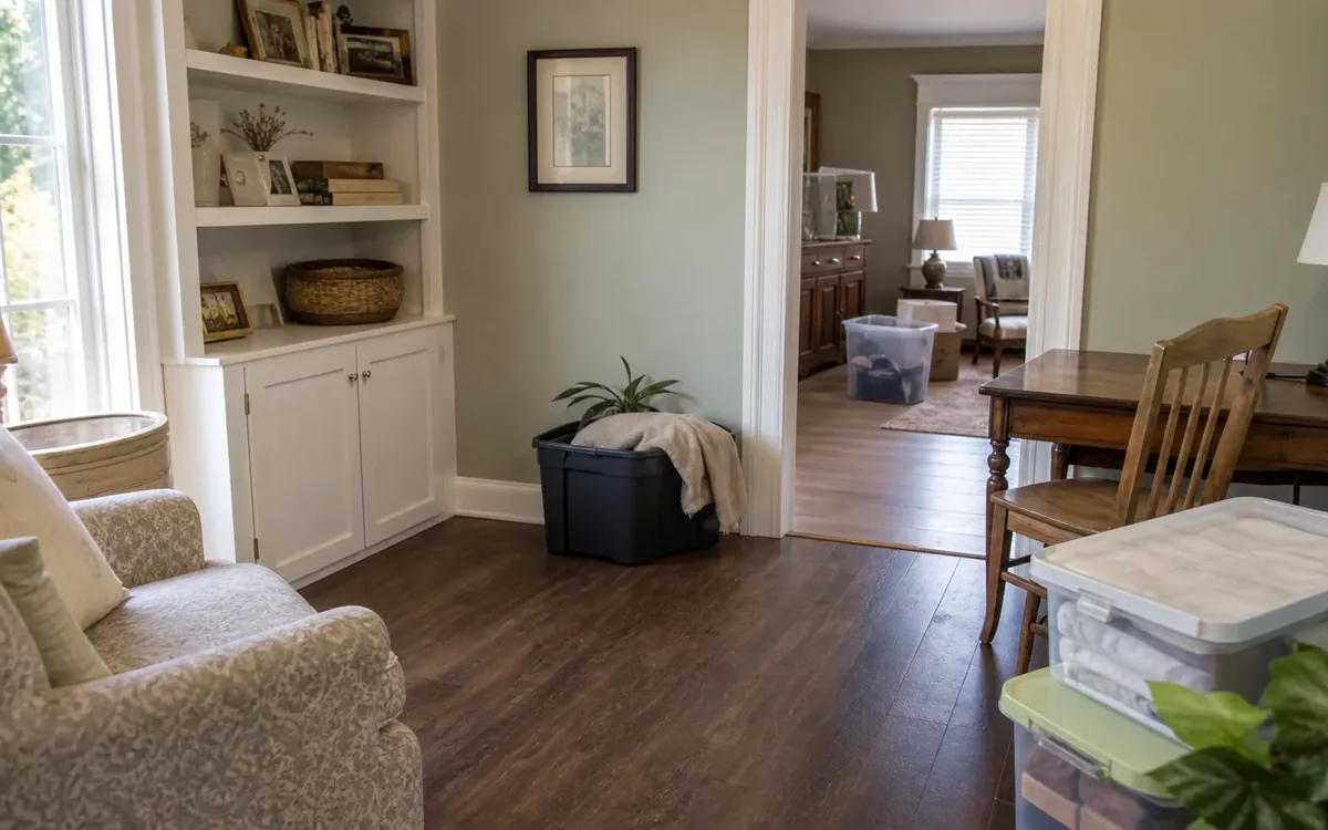A furnished room with an upholstered armchair, built-in shelves, a wooden desk and chair, and plastic storage bins.