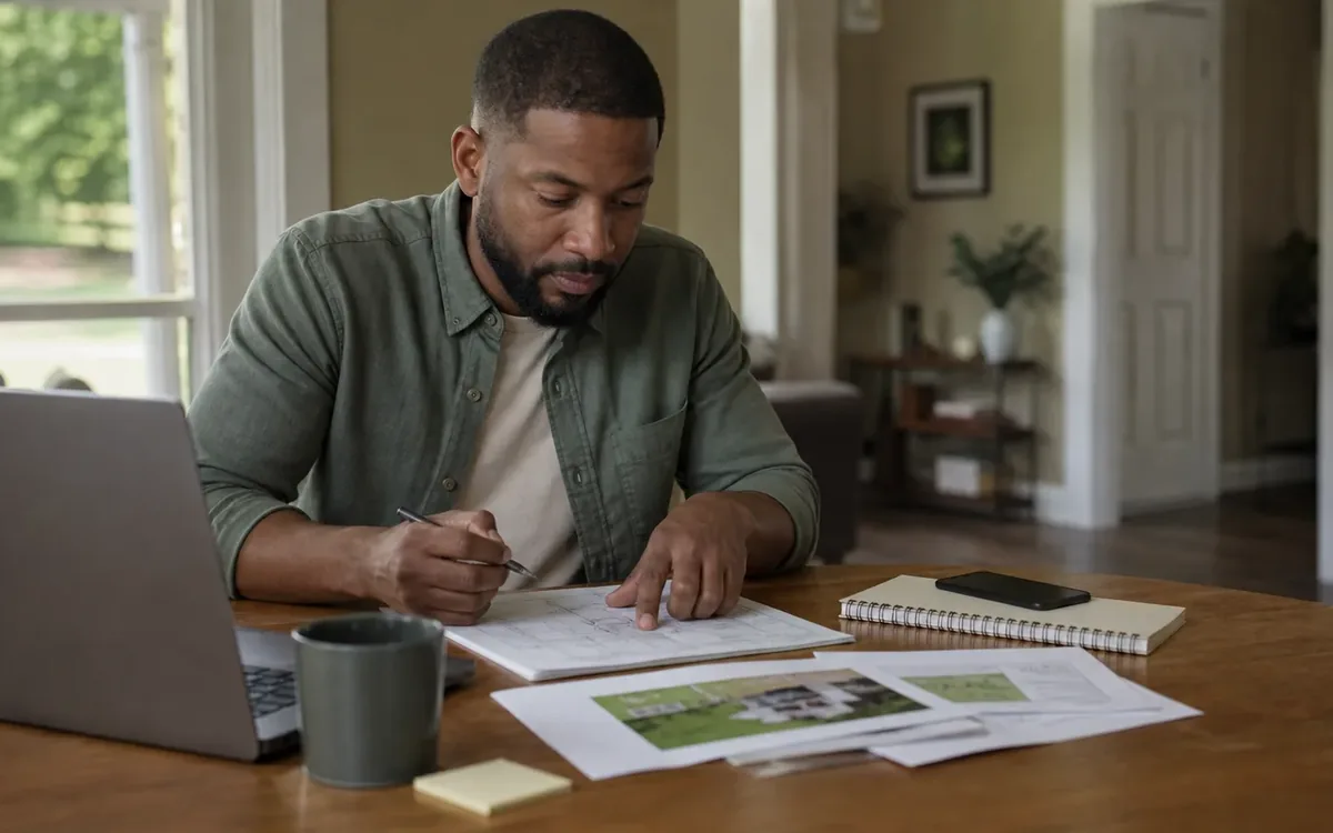 A man studies printed plans and an aerial property view at a wooden table with a laptop, mug, notebook, and phone.