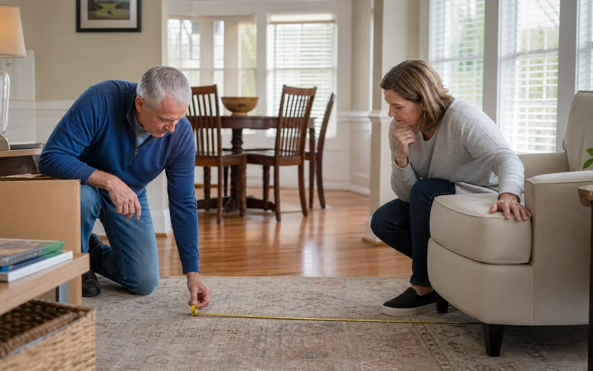 A couple measures floor space with a tape measure beside a moving box while planning how much room to allocate.
