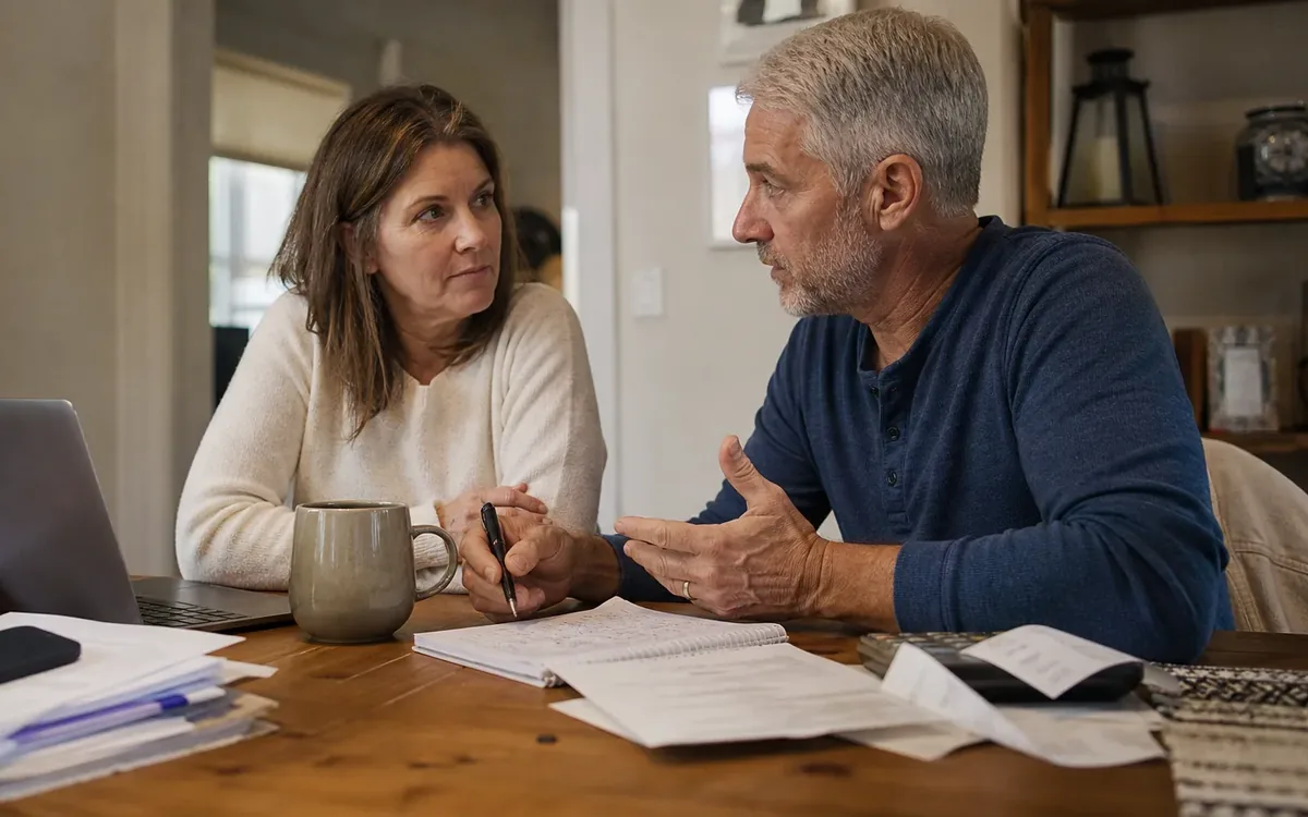 A middle-aged couple discusses paperwork at a kitchen table with a laptop, notebook, receipts, and coffee mug.