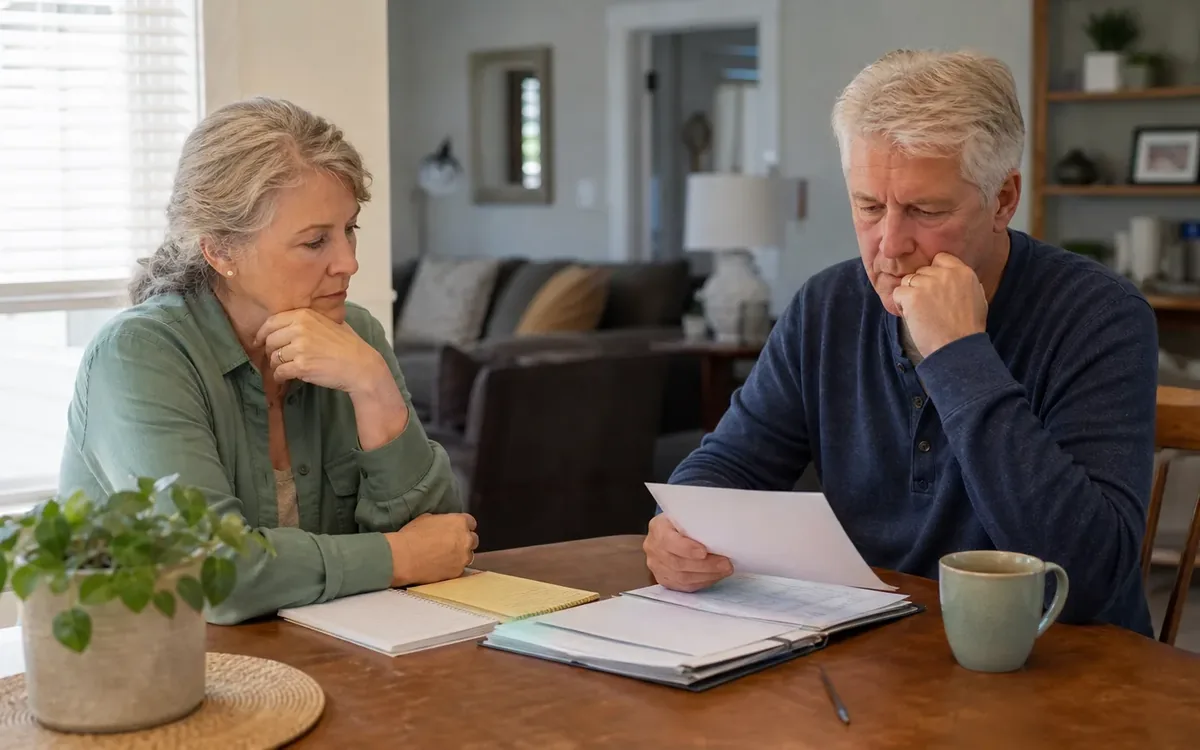 Older couple thoughtfully reviews paperwork together at a dining table, with notebooks, a binder, and a coffee mug.