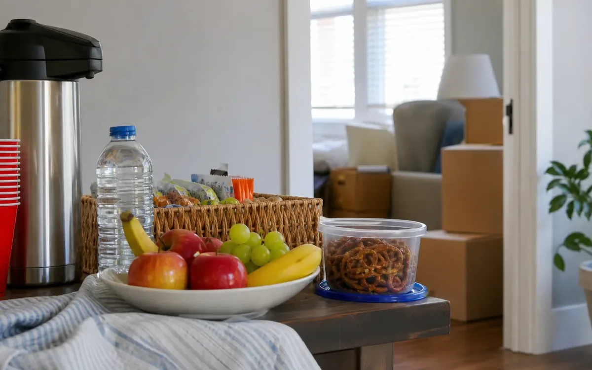 Move-day refreshment station with water, cups, fruit, pretzels and snacks beside stacked moving boxes.