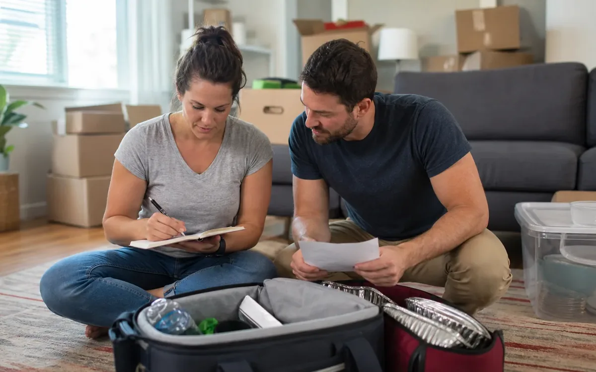 A couple sits on the floor writing notes and reviewing a paper amid moving boxes, luggage, and storage bins.