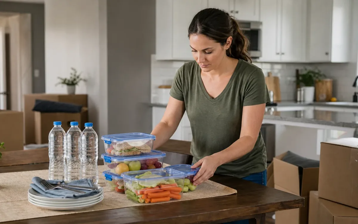 Woman arranges bottled water, fruit, vegetables, sandwiches, and plates on a table beside moving boxes.