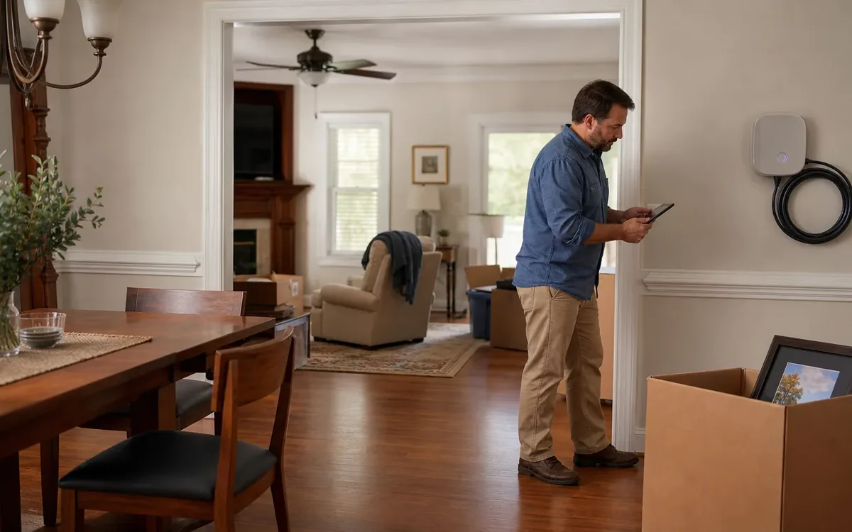 A man checks a tablet beside a wall-mounted EV charger, with moving boxes and a framed picture in a furnished home.