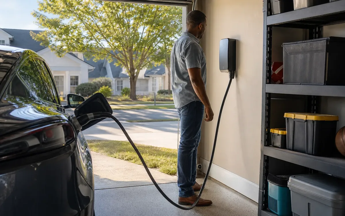 A man stands beside a wall-mounted EV charger in an open garage, with its cable connected to a black car near storage shelves.
