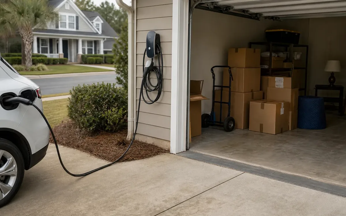 A white electric vehicle charges beside an open garage containing stacked moving boxes, a hand truck, and household items.