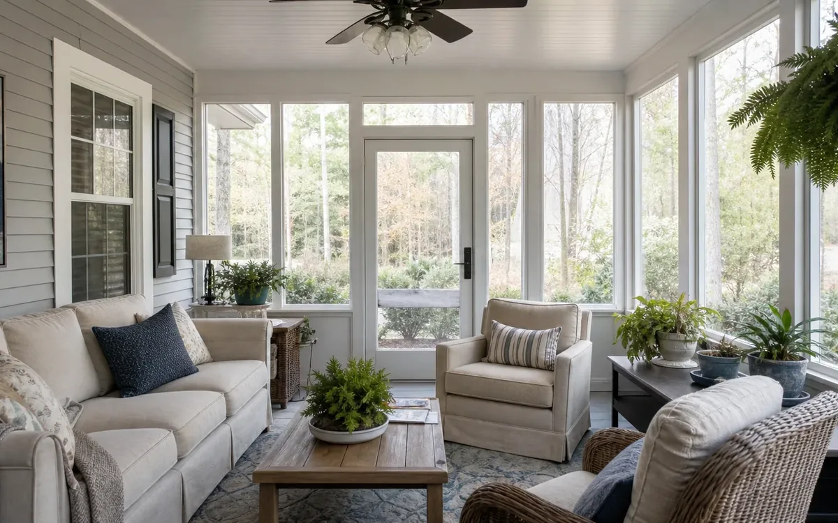 Hands organizing household items while planning how will the smaller porch or sunroom actually be used?