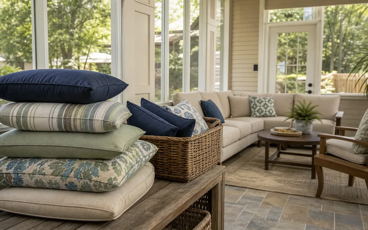 Household items arranged for the next step in which outdoor cushions should make the move?