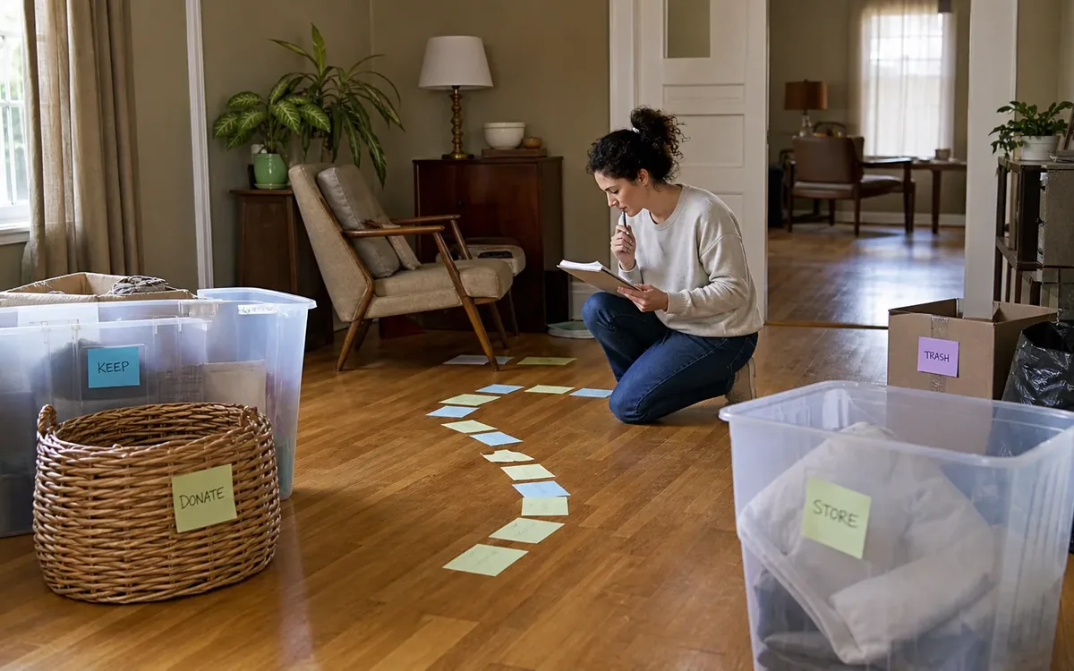 Labeled household belongings and a clear room path for should you clean out or stage first?