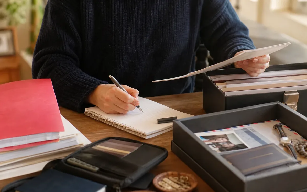 Hands organizing household items while planning step 1: protect documents, valuables, and items that must not leave