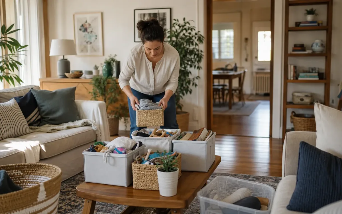 Labeled household belongings and a clear room path for step 3: declutter the visible living areas
