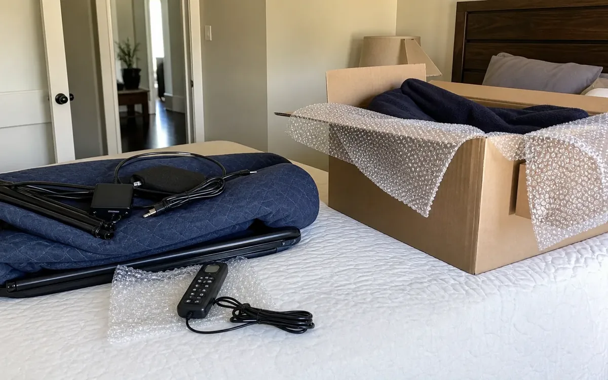 A wired bed remote rests on bubble wrap beside bundled electrical parts, moving blankets, and an open padded box.