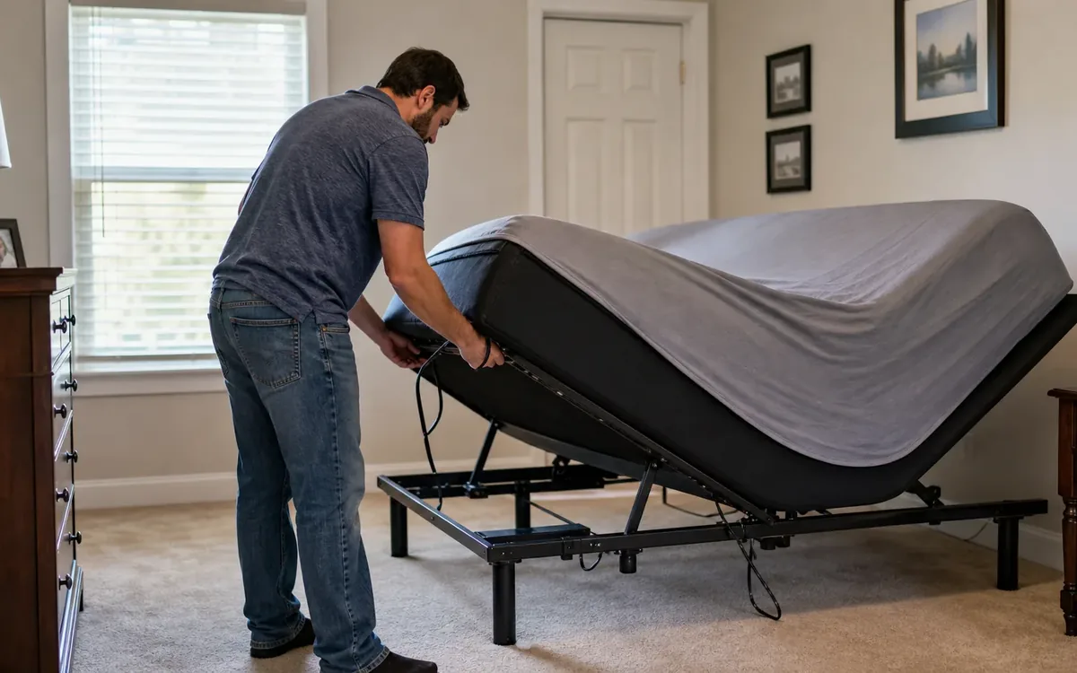 A man handles a cable beneath a raised adjustable bed with gray bedding and an exposed black metal frame in a bedroom.