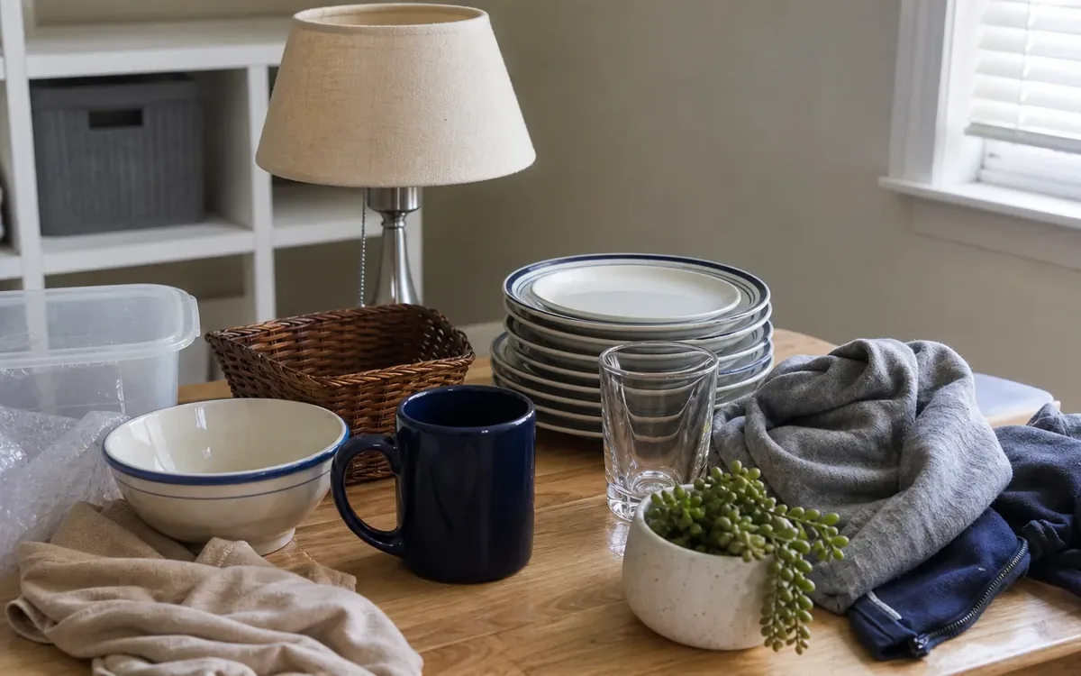 Table covered with stacked dishes, glasses, clothing, a lamp, plant, basket, and plastic storage bin.