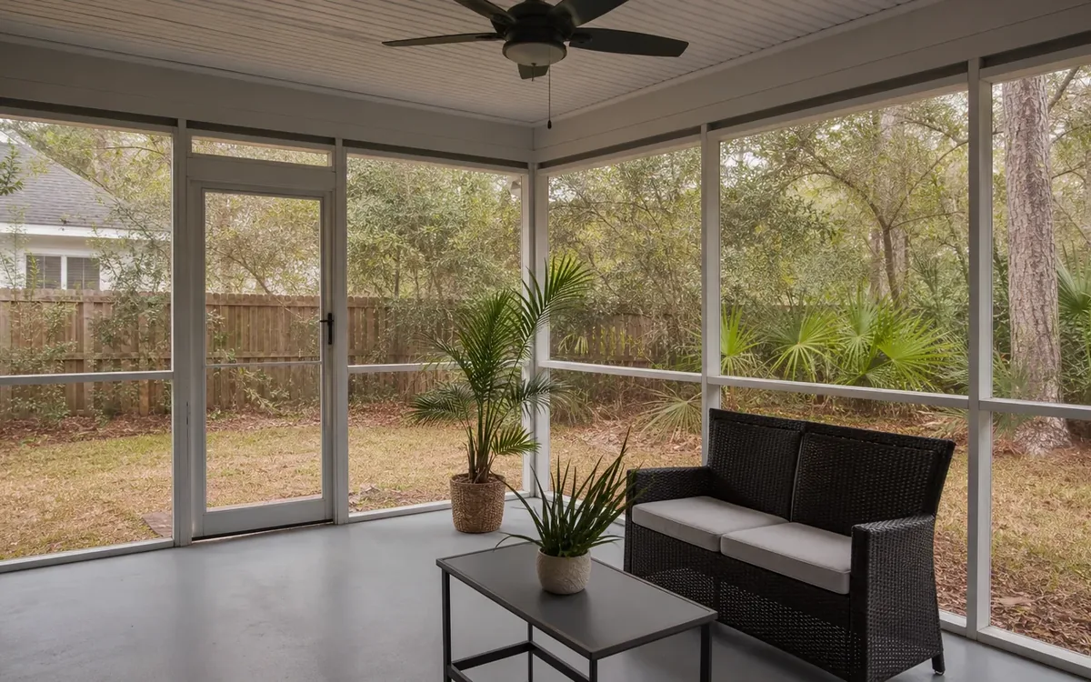 Screened porch with a black loveseat, glass-top table, potted plants, ceiling fan, and wooded yard.
