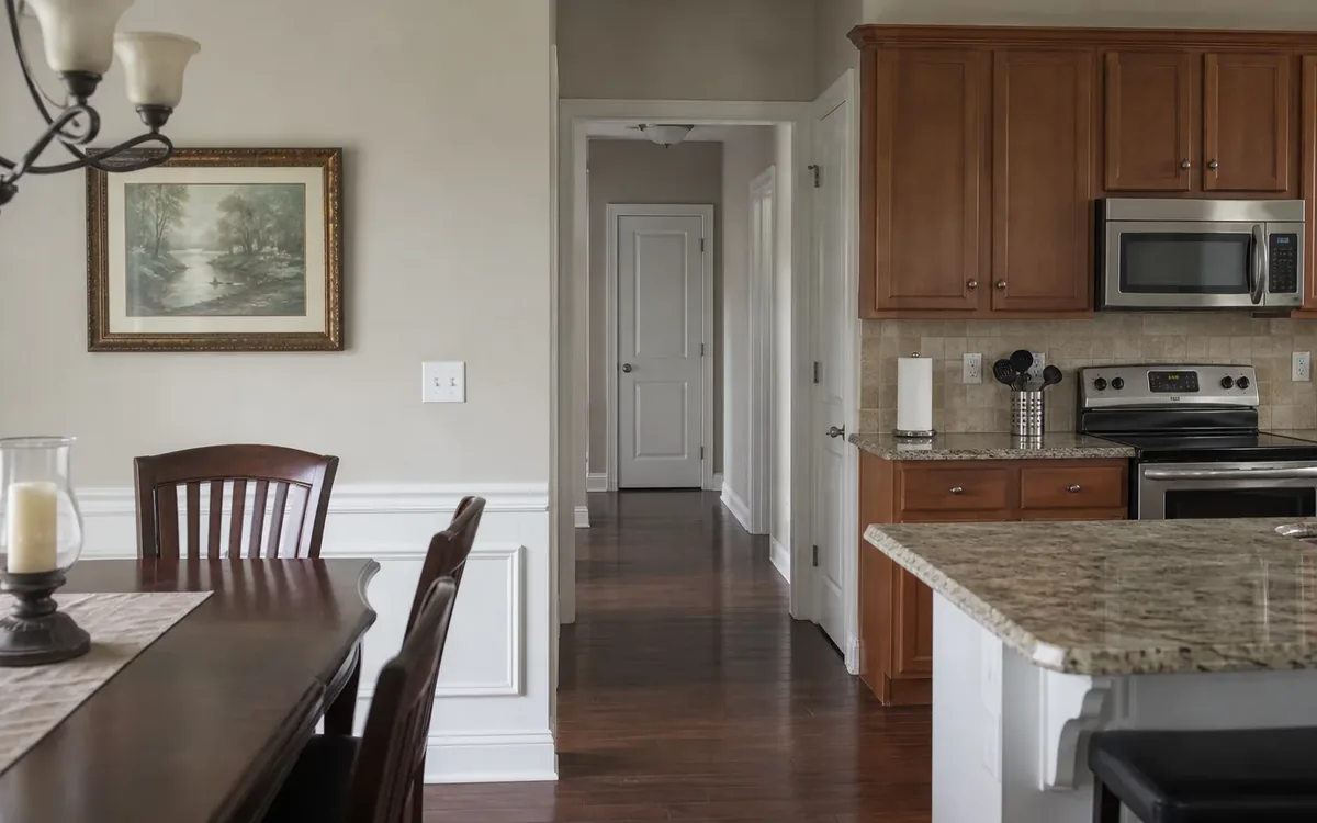 Clean dining area and kitchen with wood cabinets, granite counters, stainless appliances, and a hallway.