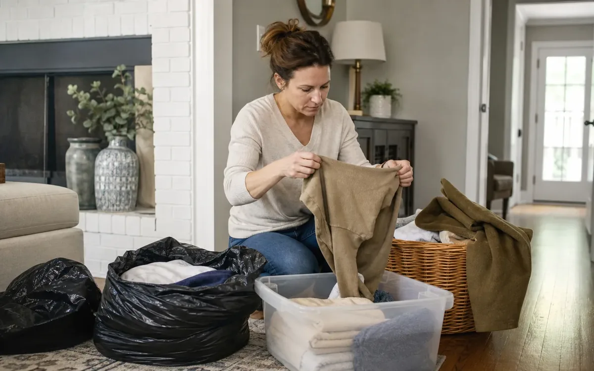 Woman sorts fabric belongings into a plastic bin, wicker basket, and black bags in a living room.