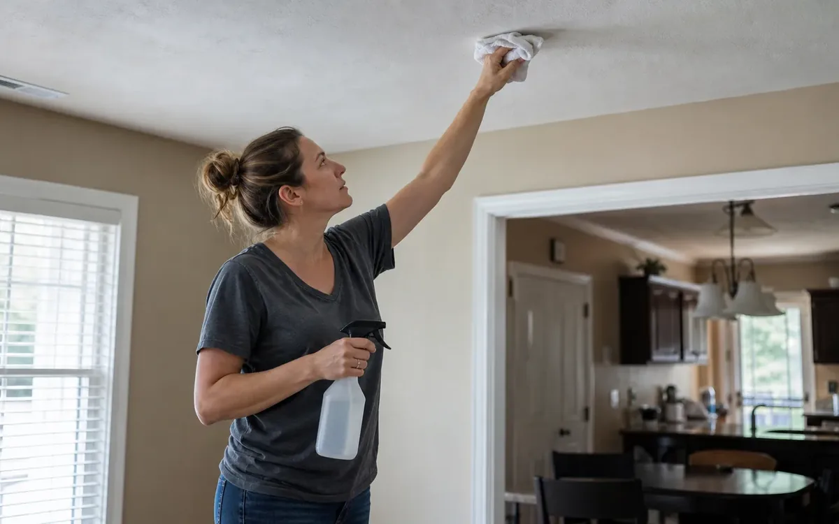 Woman wiping a discolored ceiling with a cloth while holding a spray bottle in a furnished home.