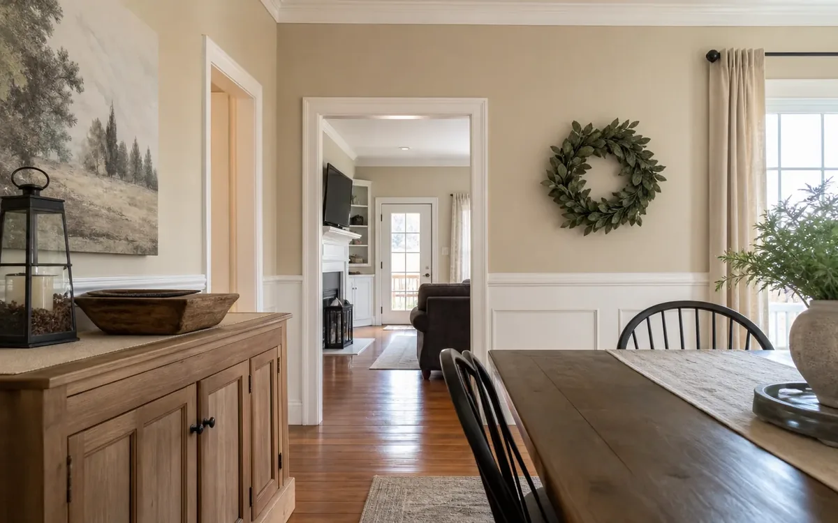 Neutral dining room with a leafy wall wreath, wooden table, black chairs, and a sideboard holding a lantern and wooden bowl.