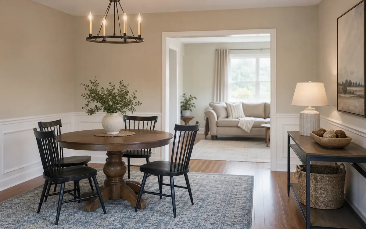 A dining room with a round wooden table, black chairs, leafy centerpiece, and a console with a lamp and decorative bowl.