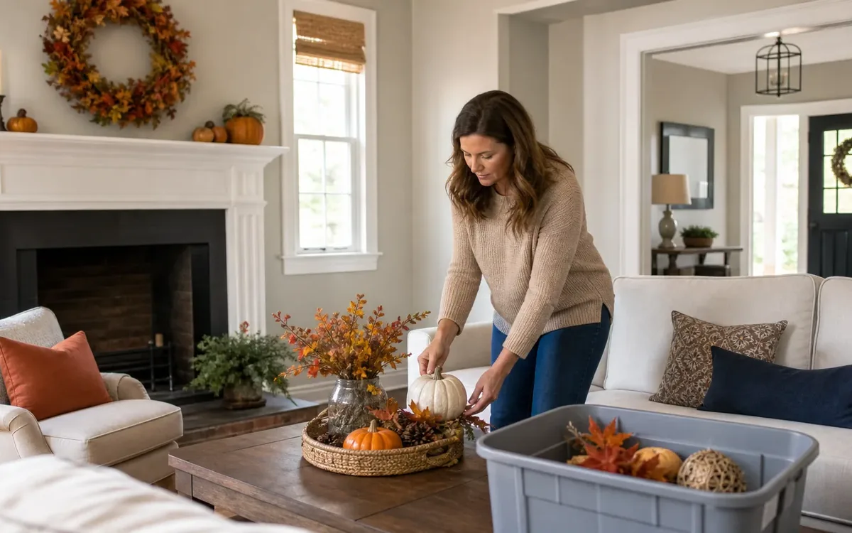 A woman arranges pumpkins and autumn foliage on a living room coffee table beside a gray bin of seasonal decorations.