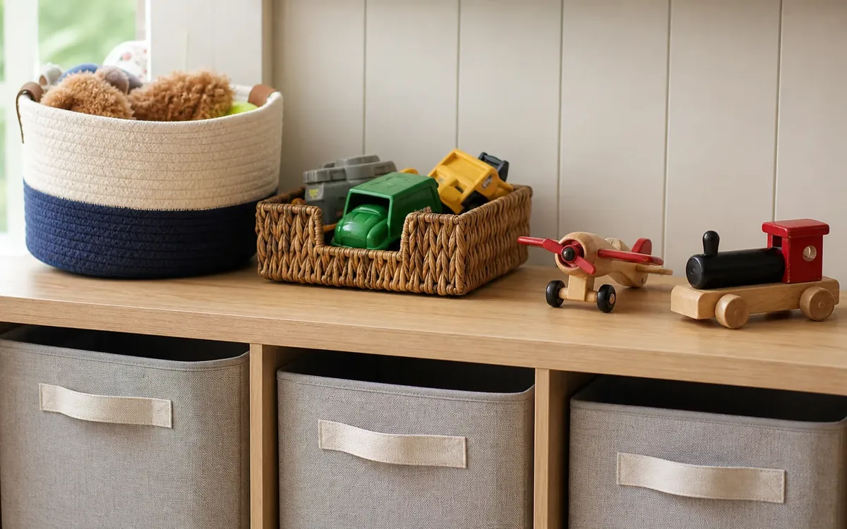 Toy vehicles sit beside woven baskets and fabric storage bins on a wooden playroom shelf.