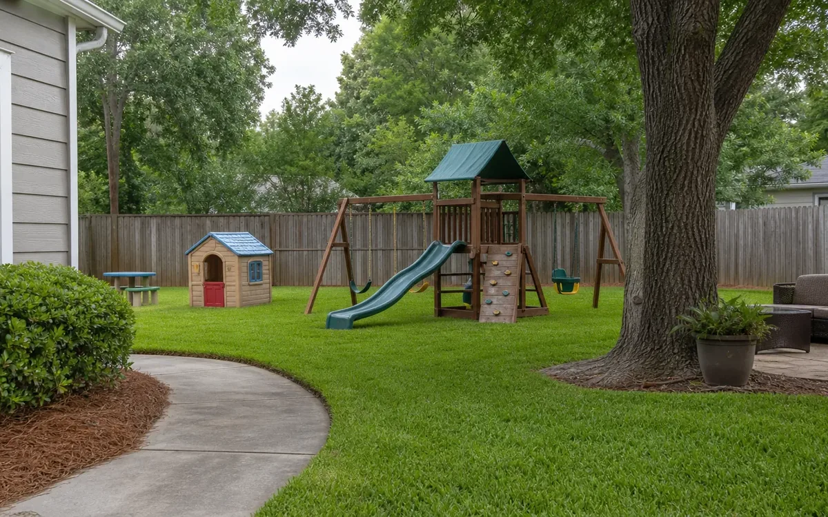 Fenced backyard with a wooden playset, slide, swings, toy playhouse, large tree, lawn, and curved walkway.