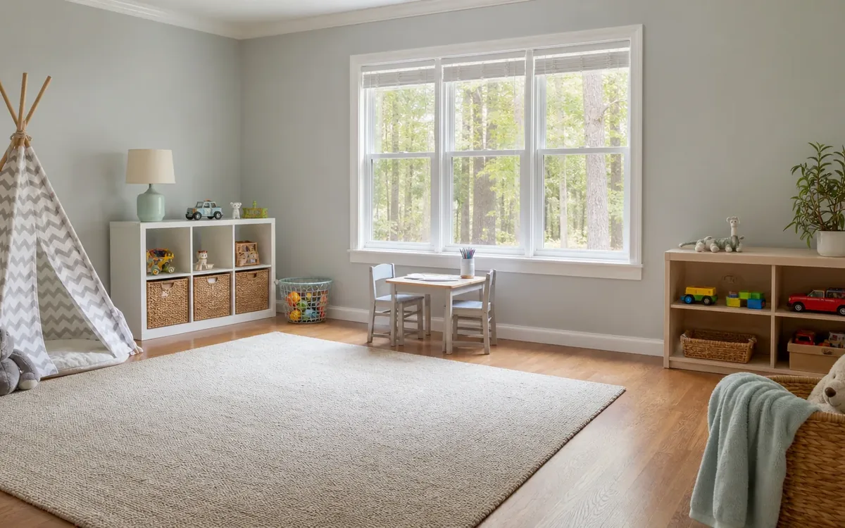 Tidy playroom with a teepee, toy storage, child-size table, large rug, baskets, and stuffed animals.