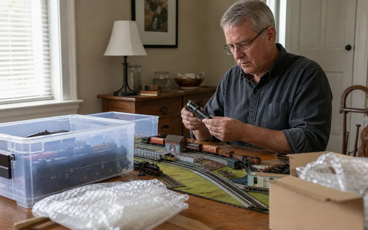 A man examines a model locomotive beside a tabletop railway layout, clear storage bins, bubble wrap, and an open cardboard box.