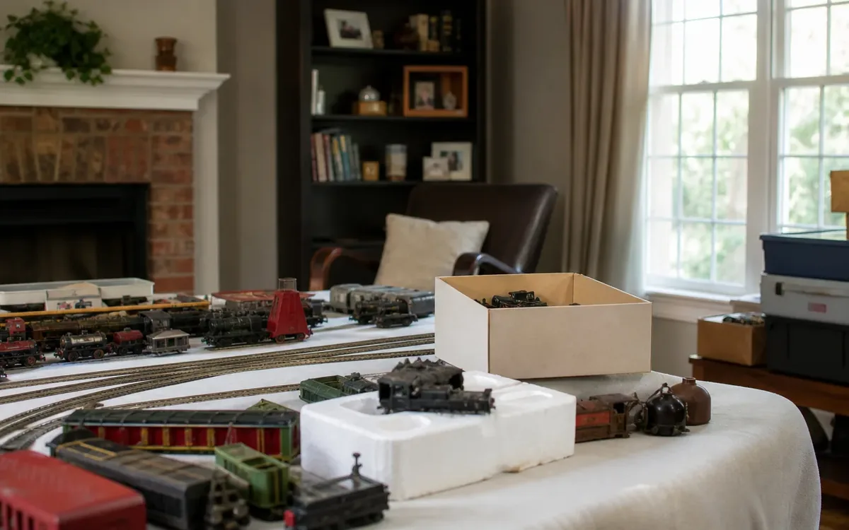 Model locomotives, railcars, tracks, an open cardboard box, and foam packing cover a table in a living room.