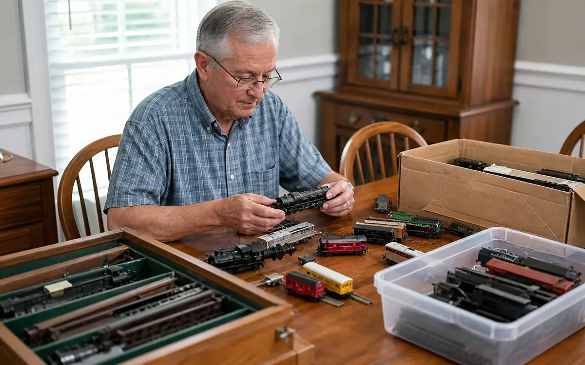 An older man examines a model locomotive at a wooden table covered with model trains, a display case, and storage boxes.