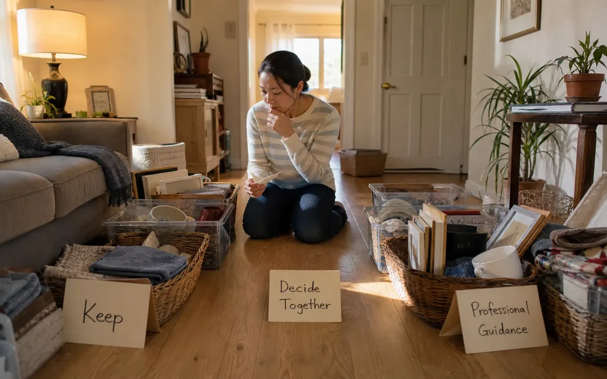 Labeled household belongings and a clear room path for what can the household decide, and what requires another professional?
