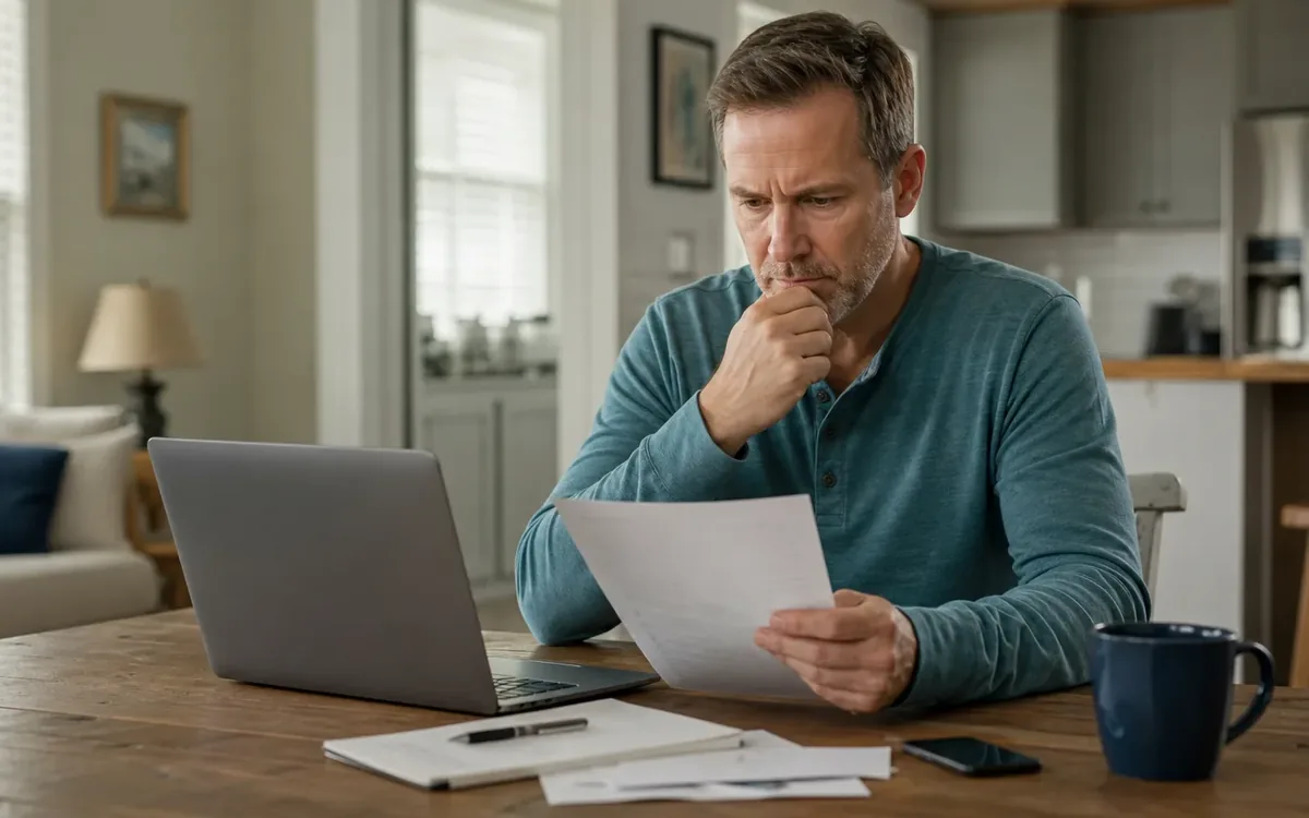A man studies a sheet of paper at a wooden table beside an open laptop, notebook, loose papers, phone, and blue mug.