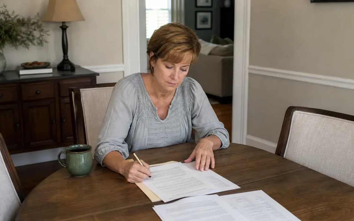 A woman seated at a wooden dining table writes on printed paperwork with a pencil, with a green mug beside her.