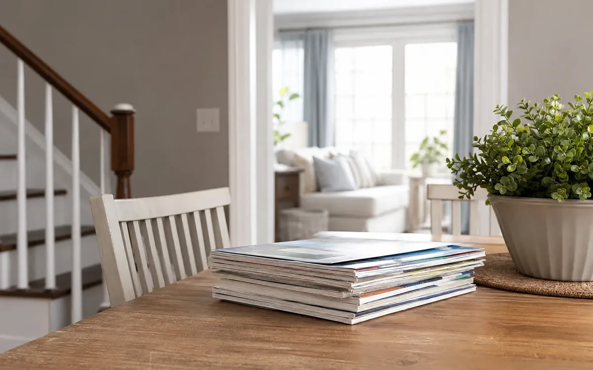 A stack of catalogs sits on a wooden dining table beside a potted plant, with a chair and staircase in the background.