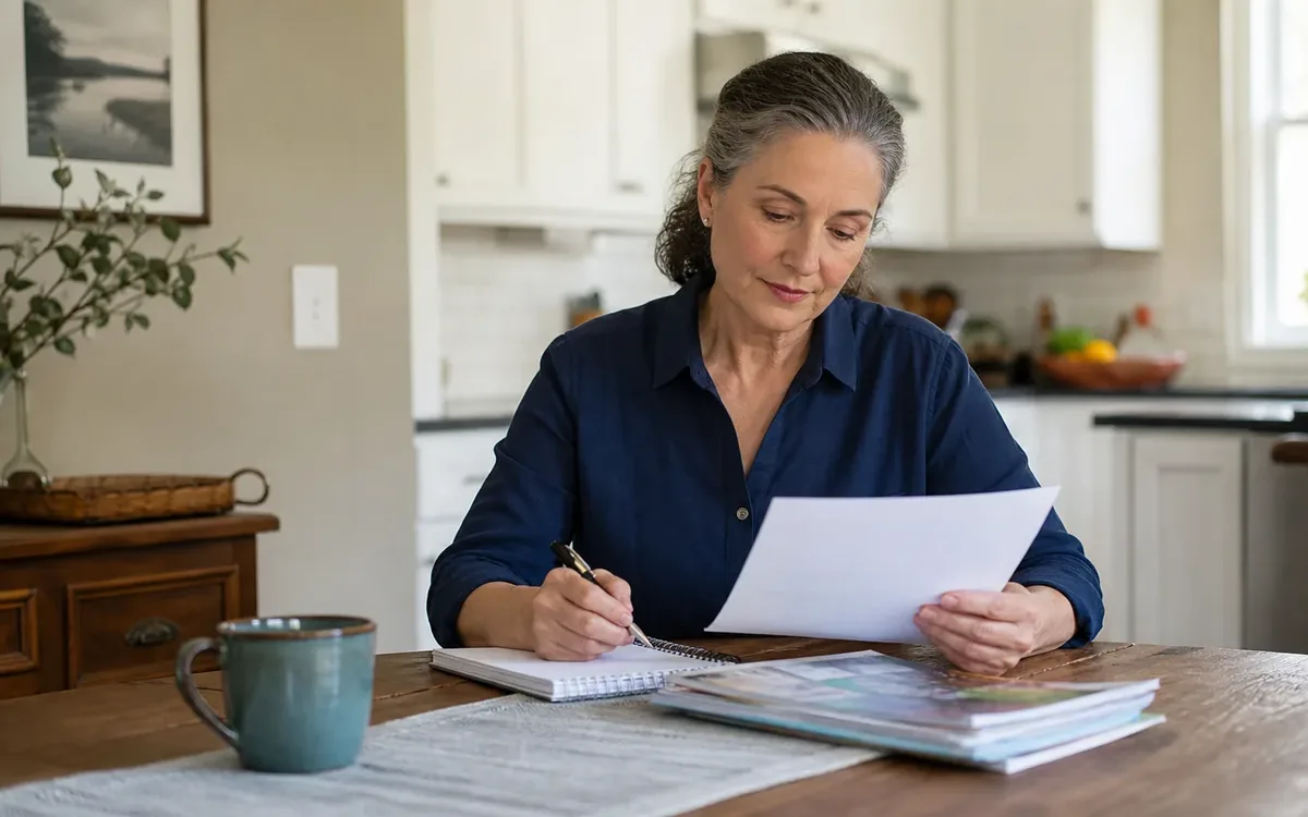 A woman reviews a sheet of paper and writes in a spiral notebook at a kitchen table beside stacked catalogs and a mug.