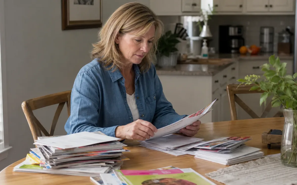 A woman in a denim shirt sorts mail and catalogs at a wooden kitchen table covered with stacks of paper.