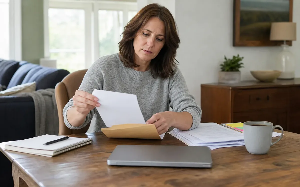 A woman reviews a sheet of paper over a tan envelope at a wooden table with stacked documents, a notebook, and a laptop.