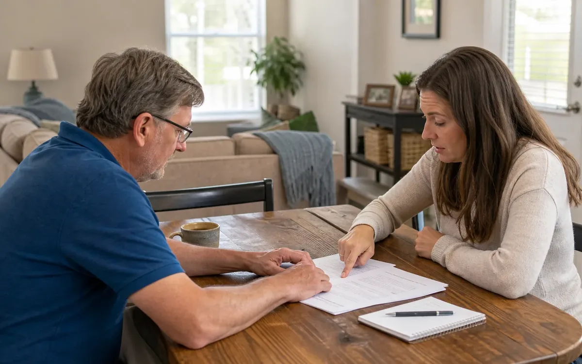 A woman points to paperwork as a man reviews it with her at a wooden table, with a notebook, pen and mug nearby.
