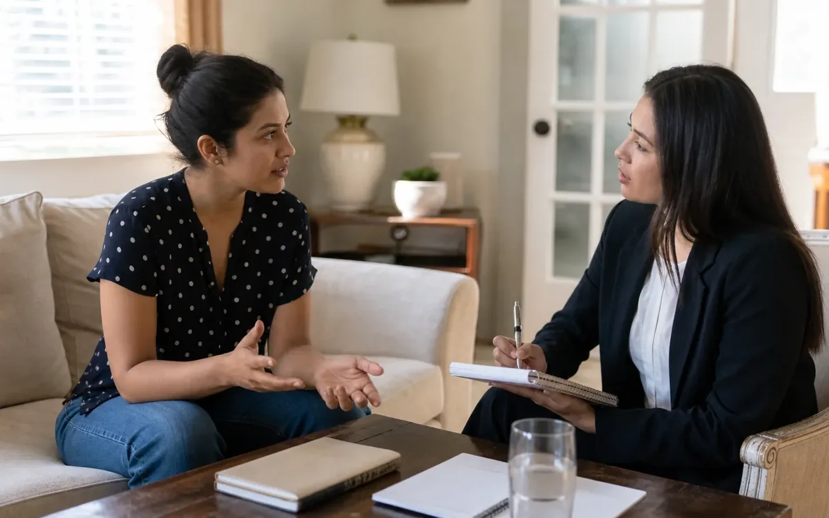 Two women sit facing each other in a living room, one gesturing while the other holds a pen and notebook.