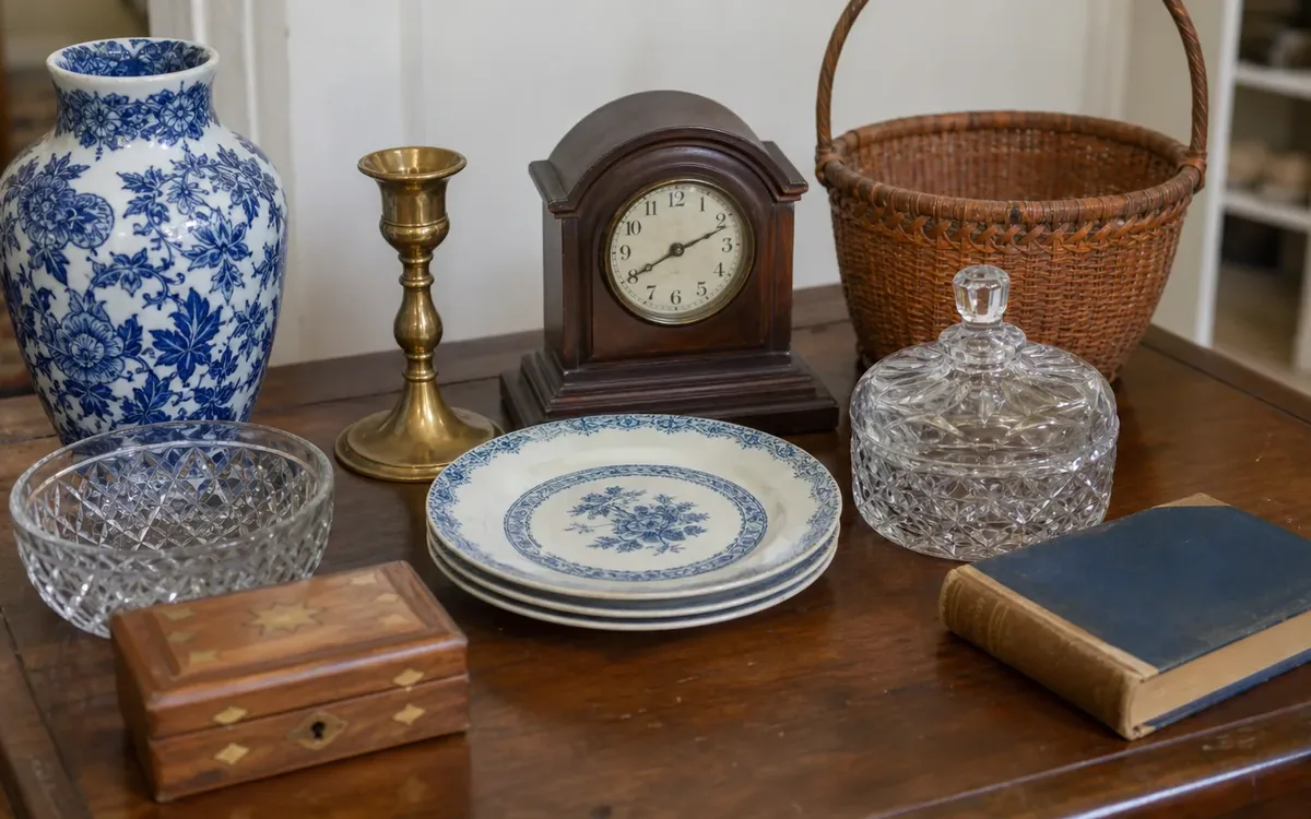 A wooden table holds a blue-and-white vase and plates, brass candlestick, mantel clock, wicker basket, glass dishes, box, and book.
